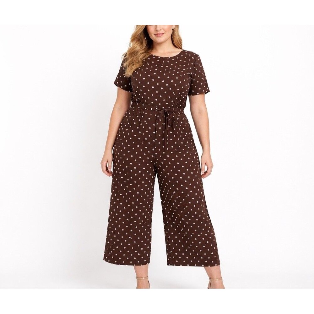 Lane Bryant Polka Dot Jumpsuit Brown Tie Waist Wide Leg Size 14/16